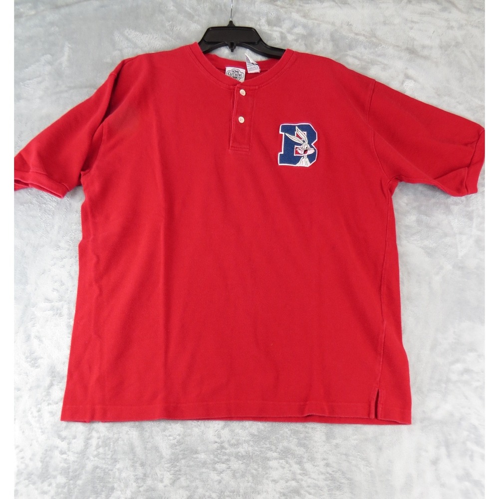 Vintage Acme Clothing‎ Co Red Henley Shirt L Bugs Bunny Graphic Embroidered Logo
